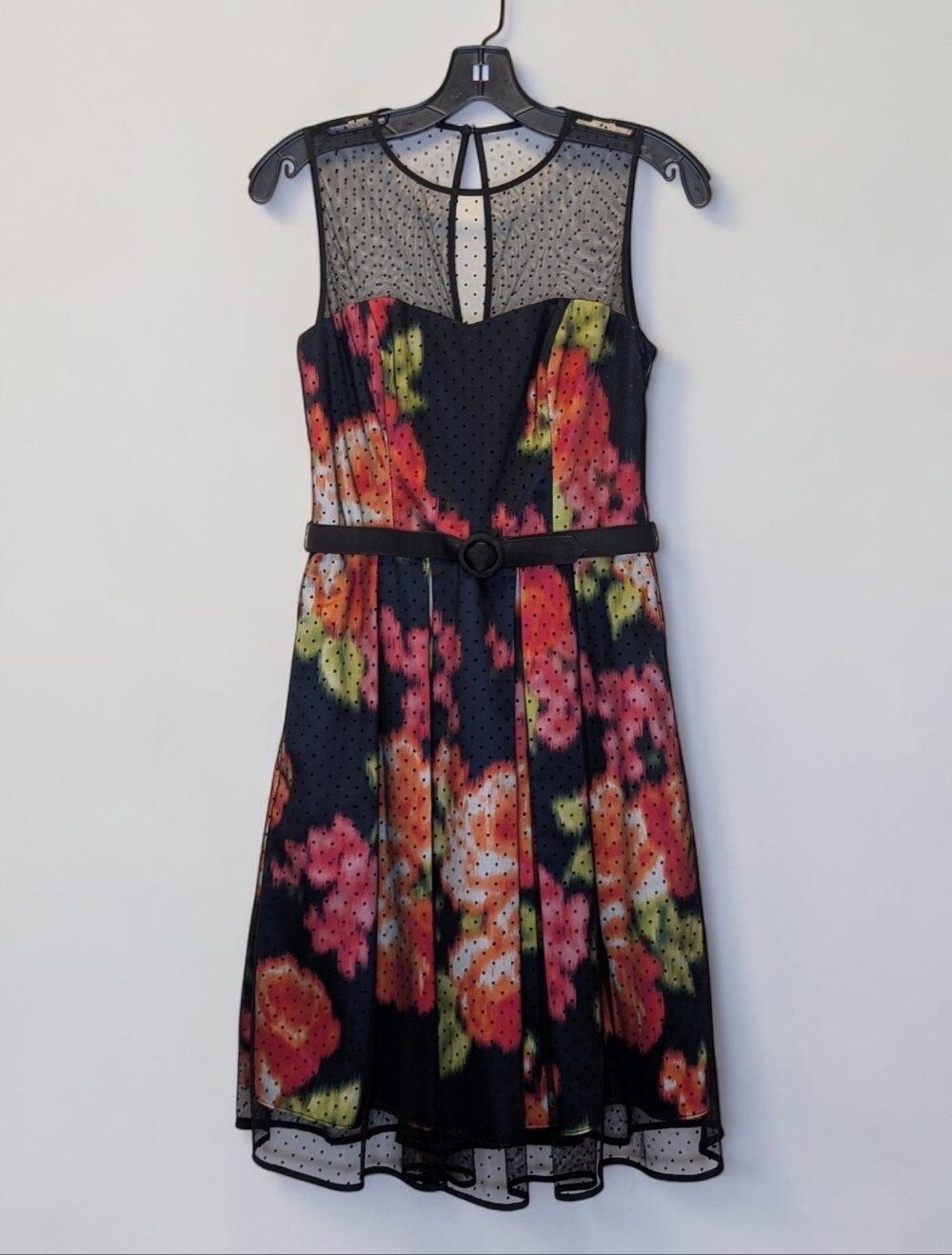 Eliza J Size 2 Floral Flocked Tulle Midi Dress Belted Formal Whimsigoth